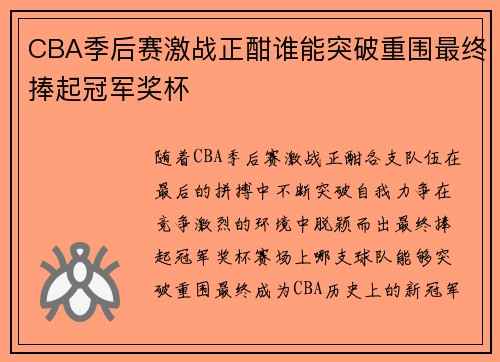 CBA季后赛激战正酣谁能突破重围最终捧起冠军奖杯