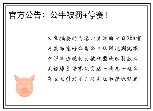 官方公告：公牛被罚+停赛！