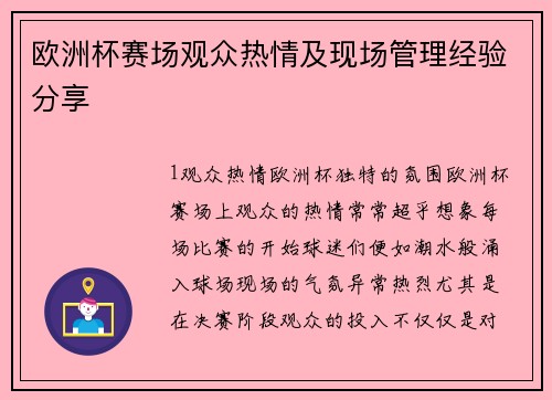 欧洲杯赛场观众热情及现场管理经验分享